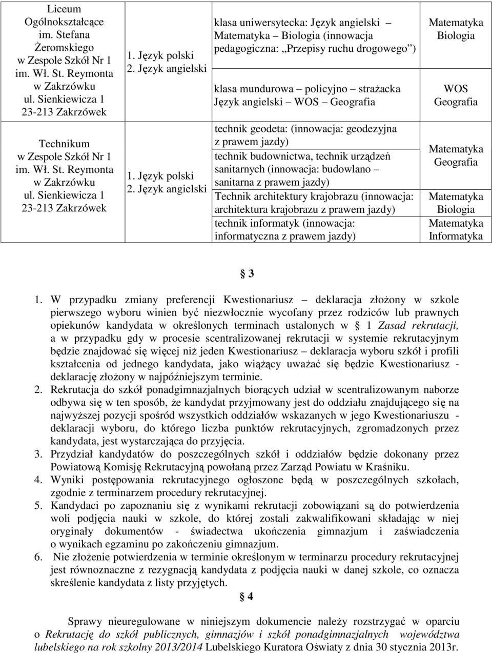 (innowacja: geodezyjna z prawem jazdy) technik budownictwa, technik urządzeń sanitarnych (innowacja: budowlano sanitarna z prawem jazdy) Technik architektury krajobrazu (innowacja: architektura