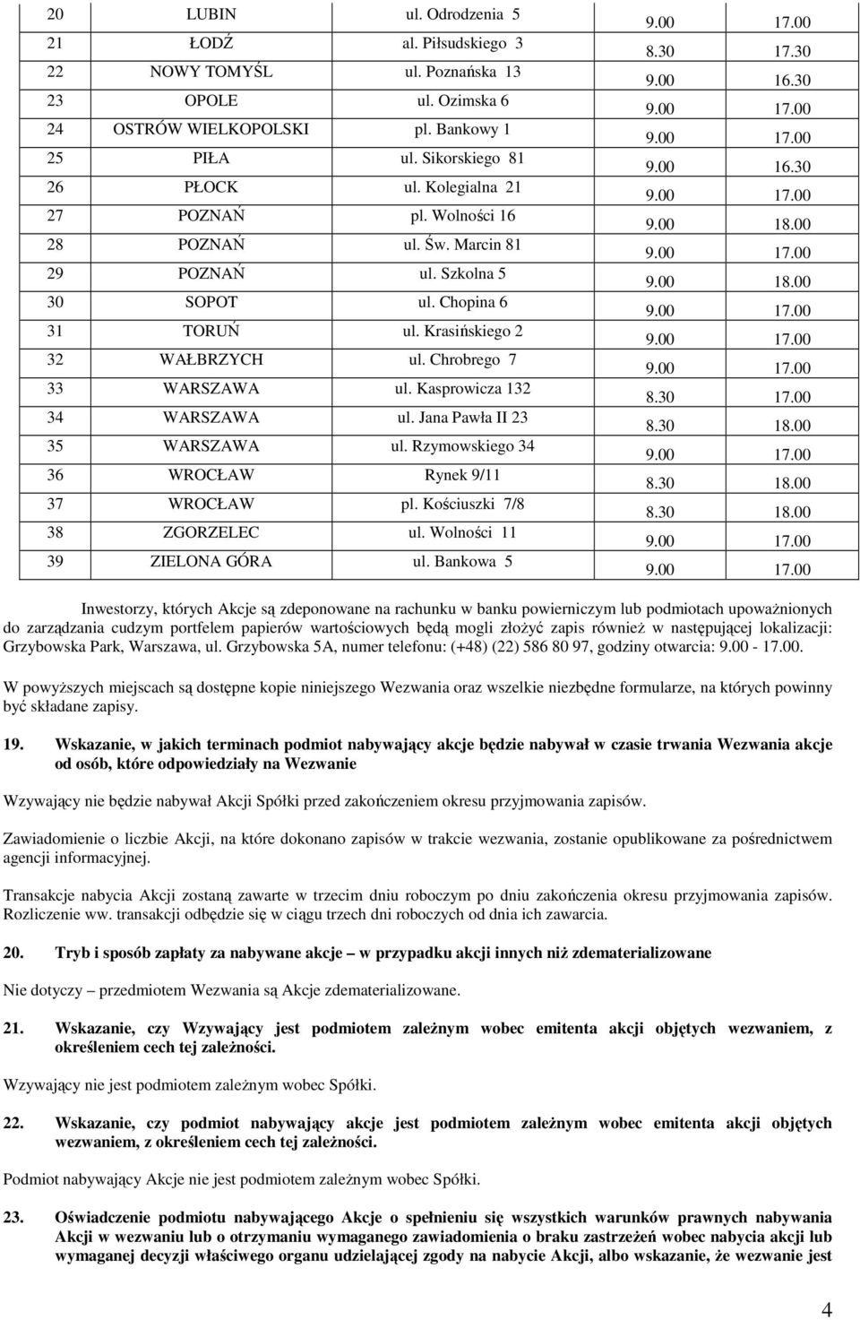 Kasprowicza 132 34 WARSZAWA ul. Jana Pawła II 23 35 WARSZAWA ul. Rzymowskiego 34 36 WROCŁAW Rynek 9/11 37 WROCŁAW pl. Kościuszki 7/8 38 ZGORZELEC ul. Wolności 11 39 ZIELONA GÓRA ul. Bankowa 5 8.30 17.