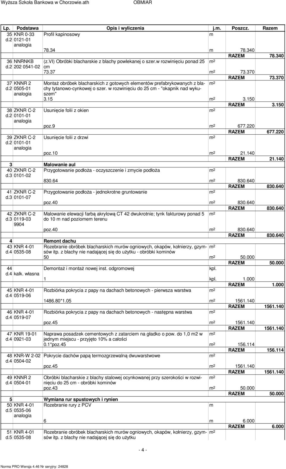 370 Montaż obróbek blacharskich z gotowych eleentów prefabrykowanych z blachy tytanowo-cynkowej o szer. w rozwinięciu do 25 c - "okapnik nad wyku- sze" 3.15 3.150 RAZEM 3.