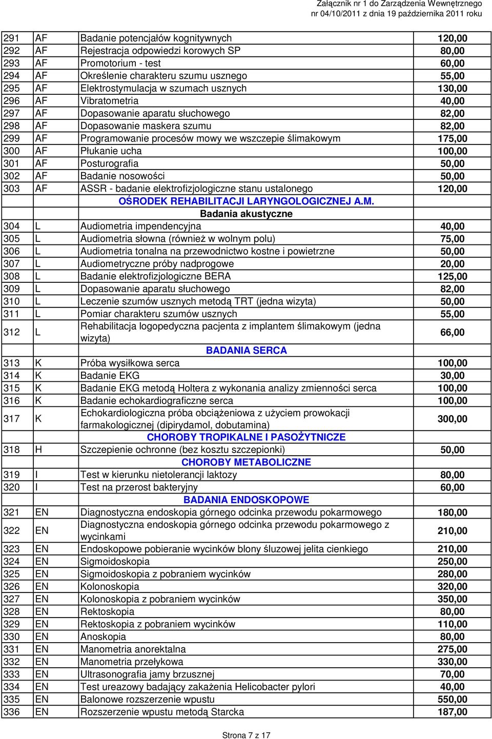 wszczepie ślimakowym 175,00 300 AF Płukanie ucha 301 AF Posturografia 302 AF Badanie nosowości 303 AF ASSR - badanie elektrofizjologiczne stanu ustalonego 120,00 OŚRODEK REHABILITACJI