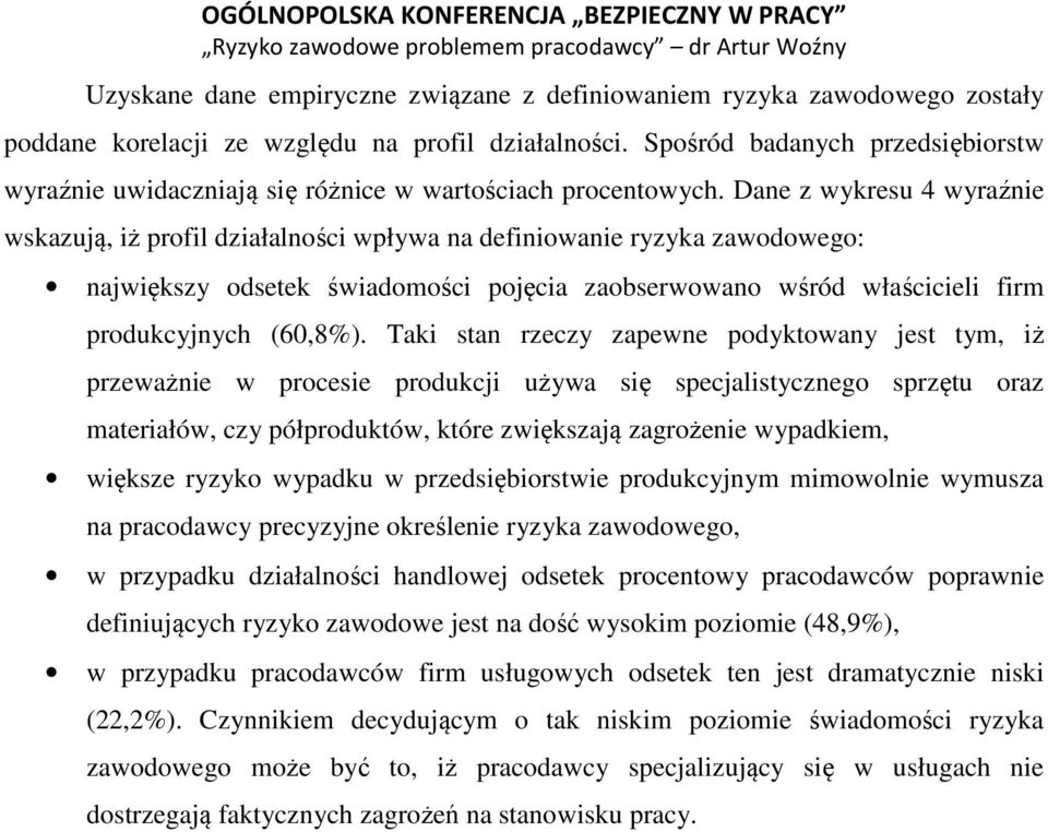 Dane z wykresu 4 wyraźnie wskazują, iż profil działalności wpływa na definiowanie ryzyka zawodowego: największy odsetek świadomości pojęcia zaobserwowano wśród właścicieli firm produkcyjnych (60,8%).