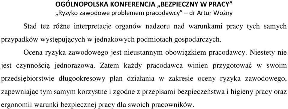 Zatem każdy pracodawca winien przygotować w swoim przedsiębiorstwie długookresowy plan działania w zakresie oceny ryzyka zawodowego,