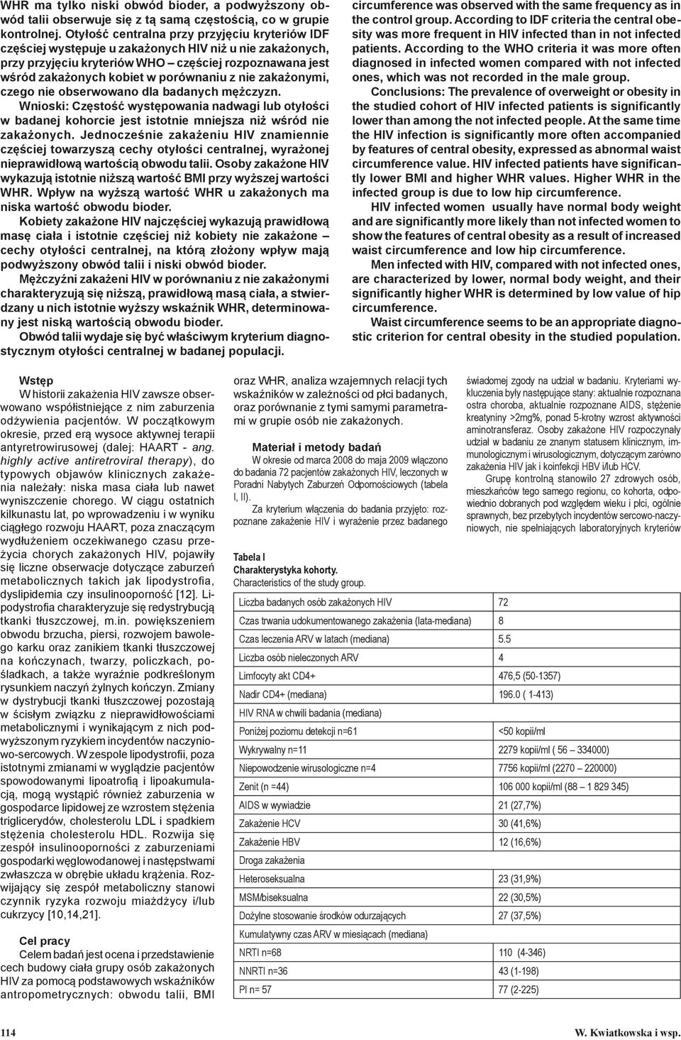 nie zakażonymi, czego nie obserwowano dla badanych mężczyzn. Wnioski: Częstość występowania nadwagi lub otyłości w badanej kohorcie jest istotnie mniejsza niż wśród nie zakażonych.