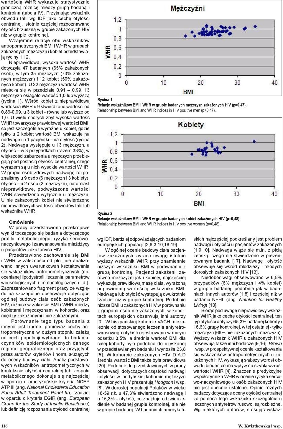 Wzajemne relacje obu wskaźników antropometrycznych BMI i WHR w grupach zakażonych mężczyzn i kobiet przedstawiają ryciny 1 i 2.