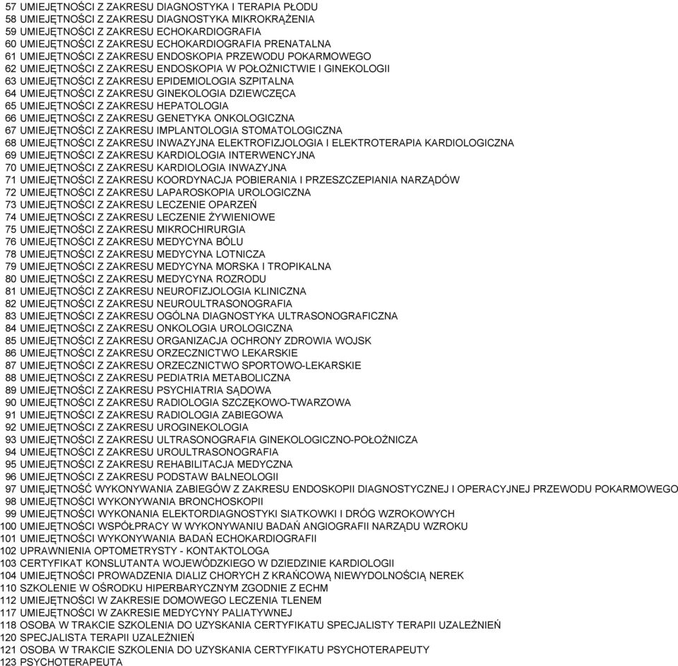 UMIEJĘTNOŚCI Z ZAKRESU GINEKOLOGIA DZIEWCZĘCA 65 UMIEJĘTNOŚCI Z ZAKRESU HEPATOLOGIA 66 UMIEJĘTNOŚCI Z ZAKRESU GENETYKA ONKOLOGICZNA 67 UMIEJĘTNOŚCI Z ZAKRESU IMPLANTOLOGIA STOMATOLOGICZNA 68