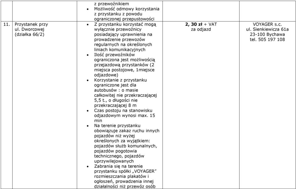 prowadzenie przewozów regularnych na określonych liniach komunikacyjnych Ilość przewoźników ograniczona jest możliwością przejazdową przystanków (2 miejsca postojowe, 1miejsce odjazdowe) Korzystanie