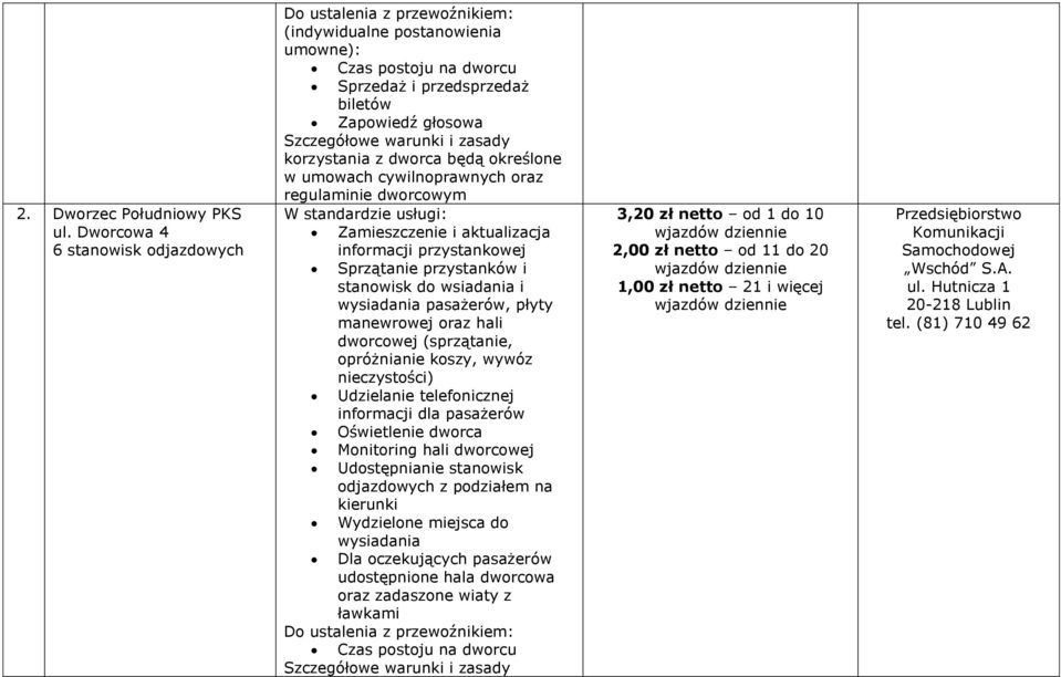 zasady korzystania z dworca będą określone w umowach cywilnoprawnych oraz regulaminie dworcowym W standardzie usługi: Zamieszczenie i aktualizacja informacji przystankowej Sprzątanie przystanków i