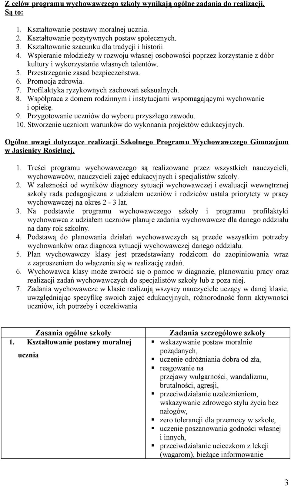 Przestrzeganie zasad bezpieczeństwa. 6. Promocja zdrowia. 7. Profilaktyka ryzykownych zachowań seksualnych. 8. Współpraca z domem rodzinnym i instytucjami wspomagającymi wychowanie i opiekę. 9.