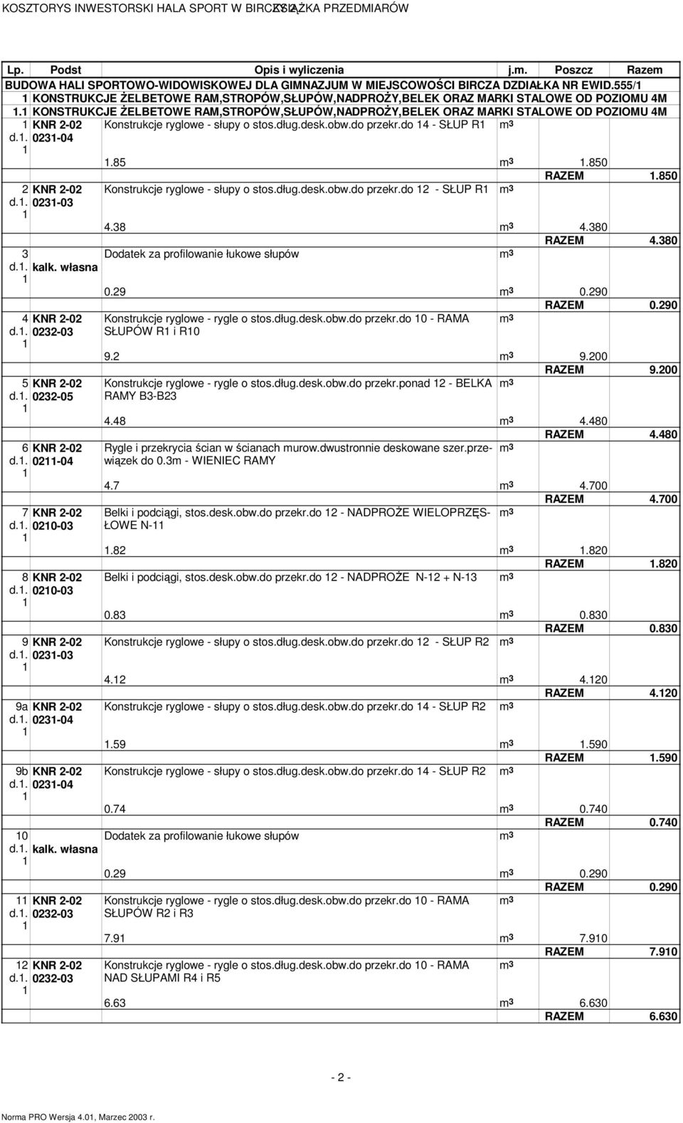 . KNR 2-02 023-04 2 KNR 2-02 d.. 023-03 Konsrukcje ryglowe - słupy o sos.dług.desk.obw.do przekr.do 4 - SŁUP R.85.850 RAZEM.850 Konsrukcje ryglowe - słupy o sos.dług.desk.obw.do przekr.do 2 - SŁUP R 4.