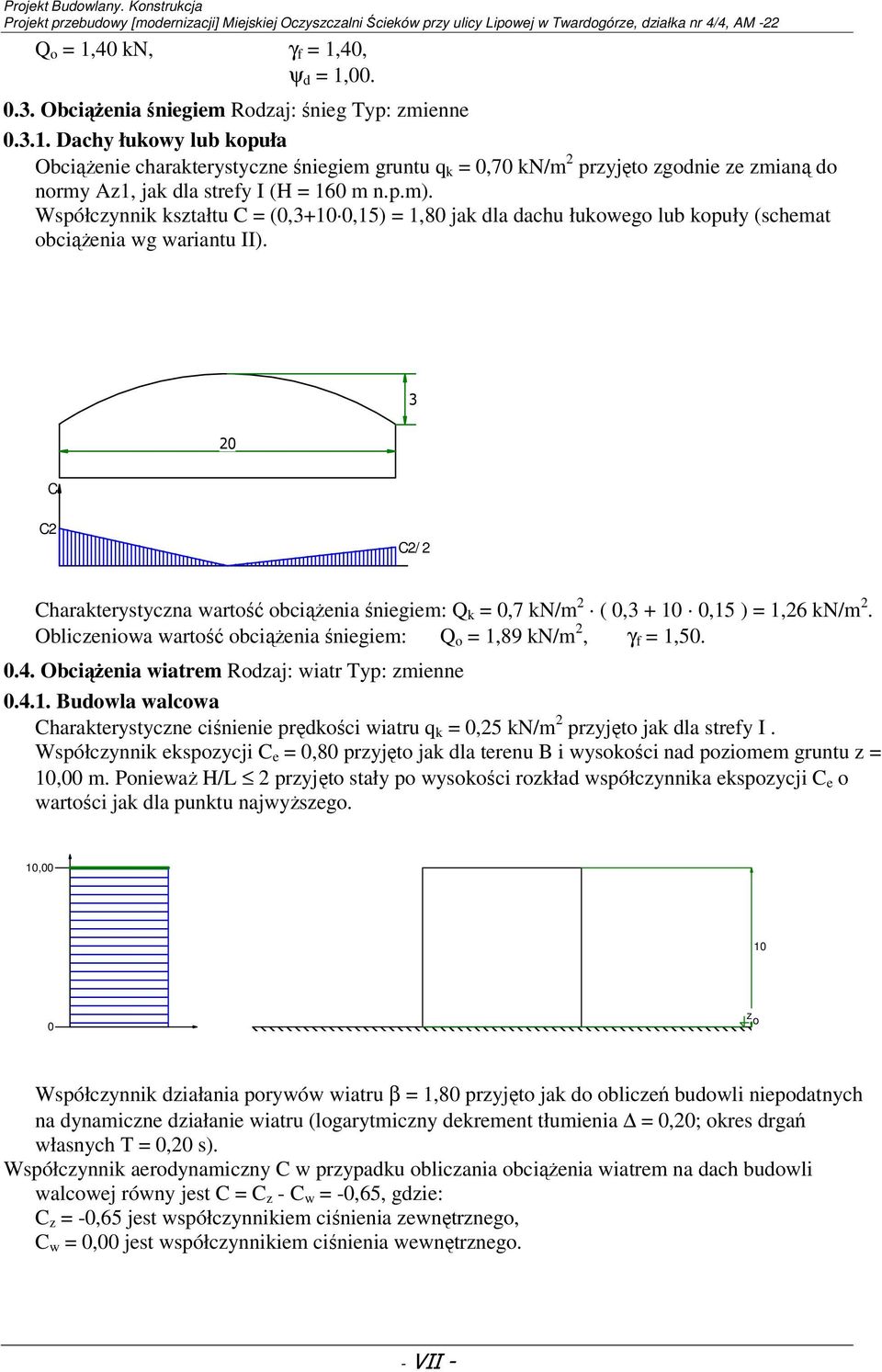 3 20 C C2 C2/ 2 Charakterystyczna wartość obciążenia śniegiem: Q k = 0,7 kn/m 2 ( 0,3 + 10 0,15 ) = 1,26 kn/m 2. Obliczeniowa wartość obciążenia śniegiem: Q o = 1,89 kn/m 2, γ f = 1,50. 0.4.