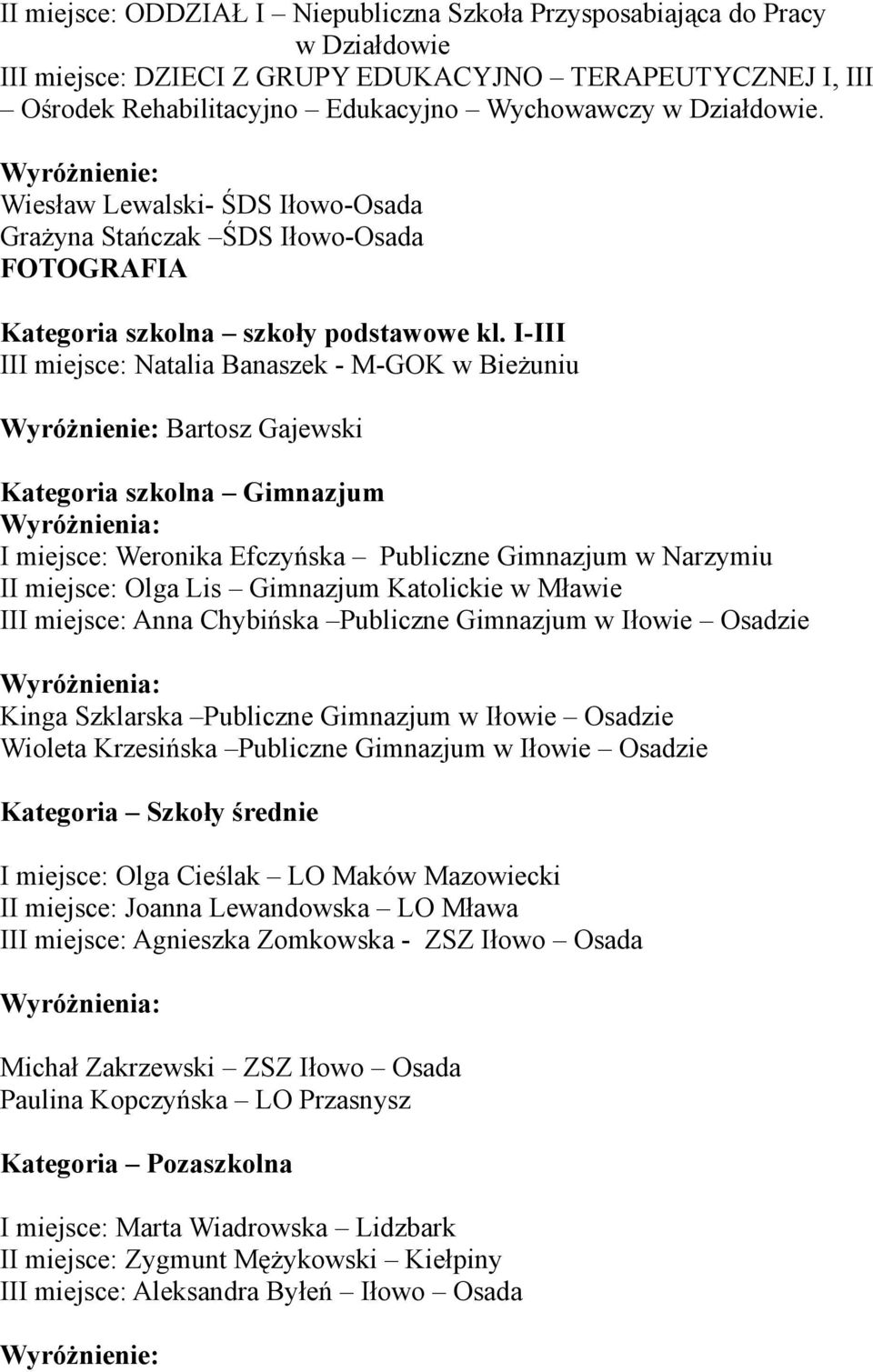 Wiesław Lewalski- ŚDS Iłowo-Osada Grażyna Stańczak ŚDS Iłowo-Osada FOTOGRAFIA III miejsce: Natalia Banaszek - M-GOK w Bieżuniu Bartosz Gajewski Kategoria szkolna Gimnazjum I miejsce: Weronika