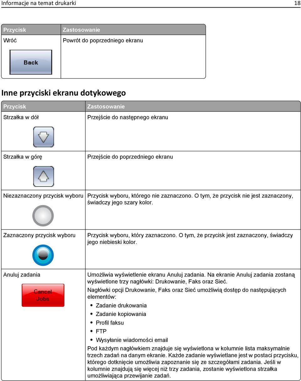 Zaznaczony przycisk wyboru Przycisk wyboru, który zaznaczono. O tym, że przycisk jest zaznaczony, świadczy jego niebieski kolor. Anuluj zadania Umożliwia wyświetlenie ekranu Anuluj zadania.