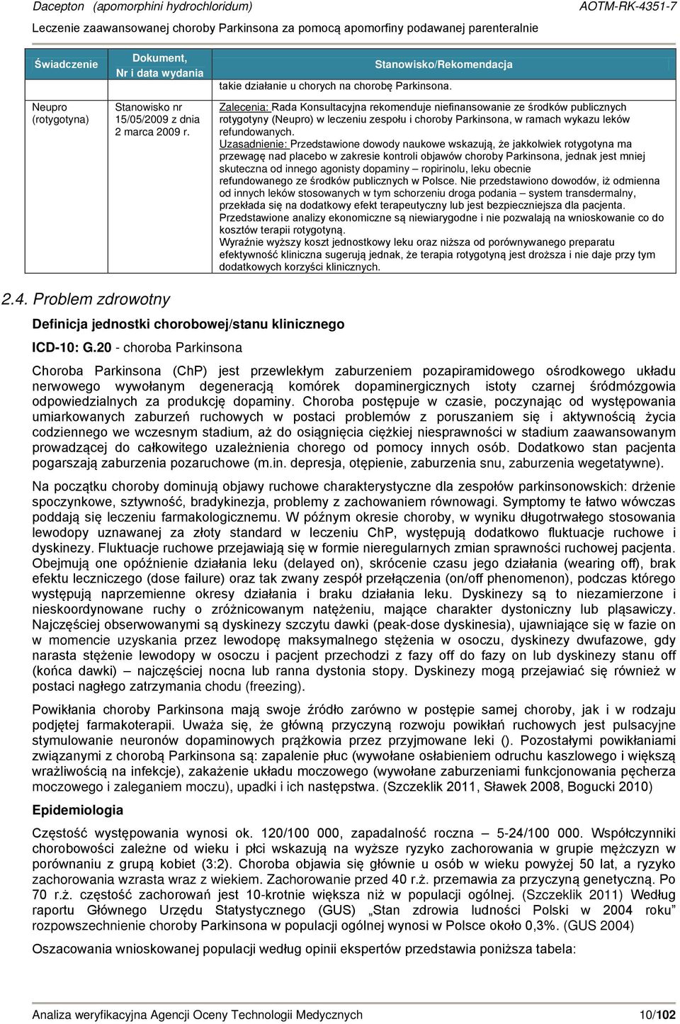 Uzasadnienie: Przedstawione dowody naukowe wskazują, że jakkolwiek rotygotyna ma przewagę nad placebo w zakresie kontroli objawów choroby Parkinsona, jednak jest mniej skuteczna od innego agonisty