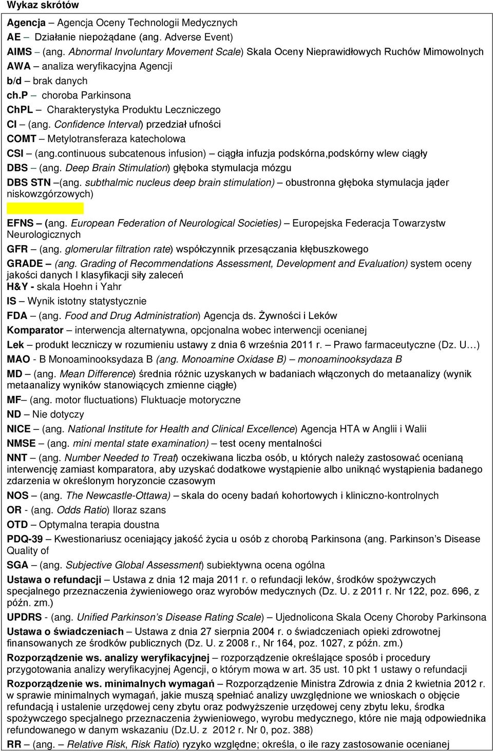 p choroba Parkinsona ChPL Charakterystyka Produktu Leczniczego CI (ang. Confidence Interval) przedział ufności COMT Metylotransferaza katecholowa CSI (ang.