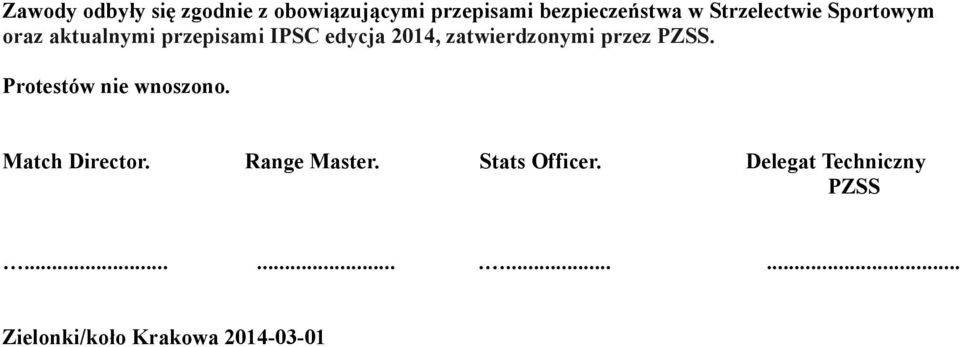 zatwierdzonymi przez PZSS. Protestów nie wnoszono. Match Director.