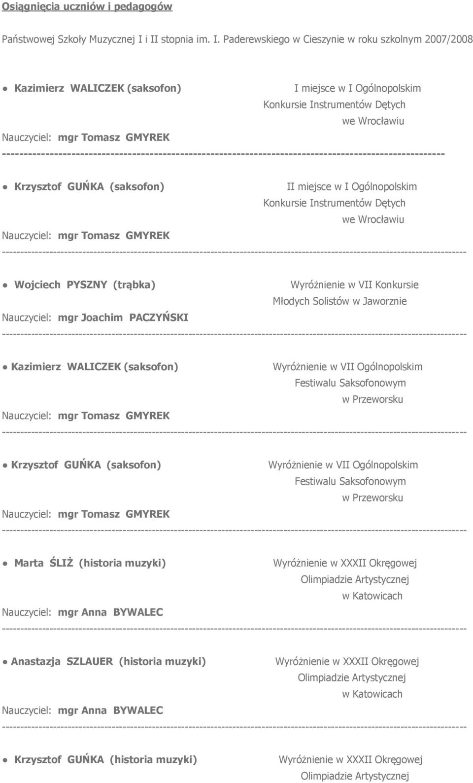 ------------------------------------------------------------------------------------------------------ Krzysztof GUŃKA (saksofon) II miejsce w I Ogólnopolskim Konkursie Instrumentów Dętych Wojciech