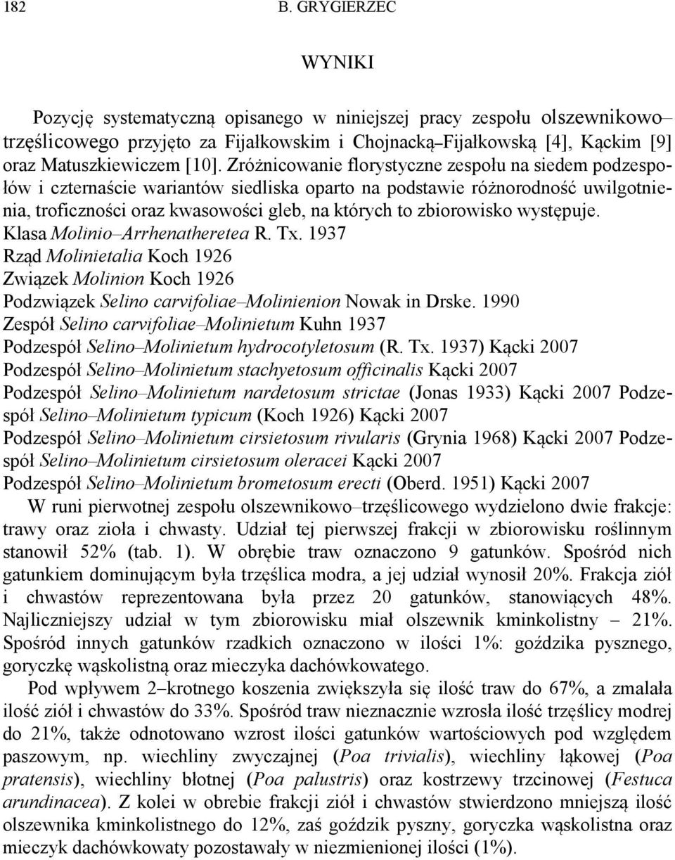 występuje. Klasa Molinio Arrhenatheretea R. Tx. 97 Rząd Molinietalia Koch 96 Związek Molinion Koch 96 Podzwiązek Selino carvifoliae Molinienion Nowak in Drske.