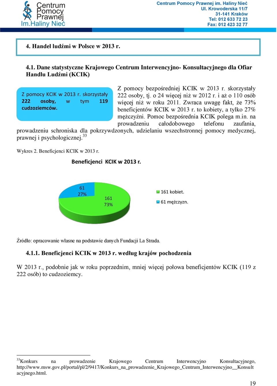 Zwraca uwagę fakt, że 73% beneficjentów KCIK w 2013 r. to kobiety, a tylko 27% mężczyźni. Pomoc bezpośrednia KCIK polega m.in.