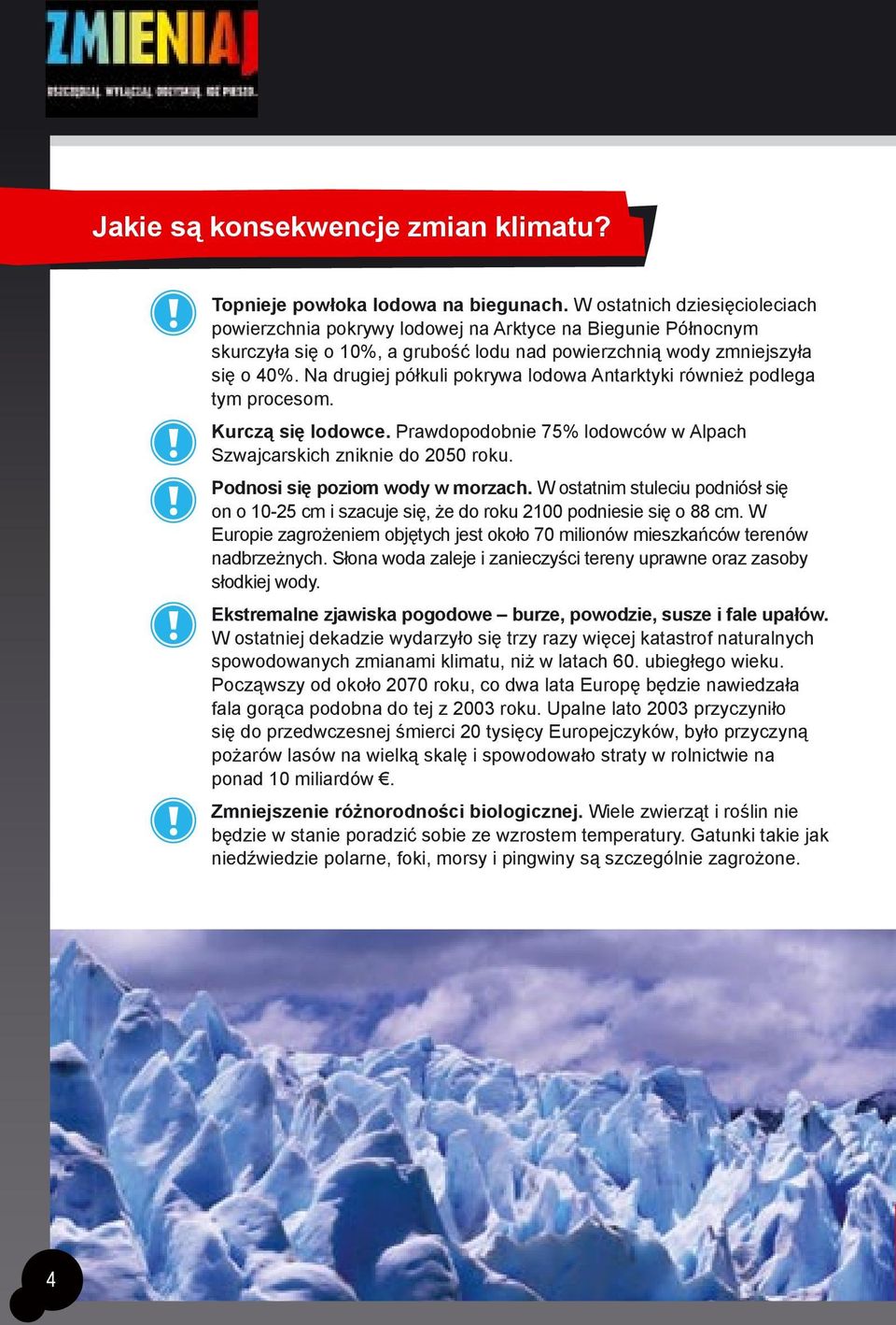 Na drugiej półkuli pokrywa lodowa Antarktyki również podlega tym procesom. Kurczą się lodowce. Prawdopodobnie 75% lodowców w Alpach Szwajcarskich zniknie do 2050 roku.