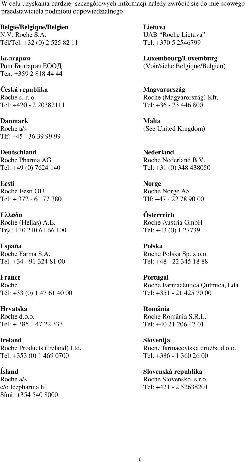 Tel: +420-2 20382111 Danmark Roche a/s Tlf: +45-36 39 99 99 Deutschland Roche Pharma AG Tel: +49 (0) 7624 140 Eesti Roche Eesti OÜ Tel: + 372-6 177 380 Ελλάδα Roche (Hellas) A.E. Τηλ: +30 210 61 66 100 España Roche Farma S.