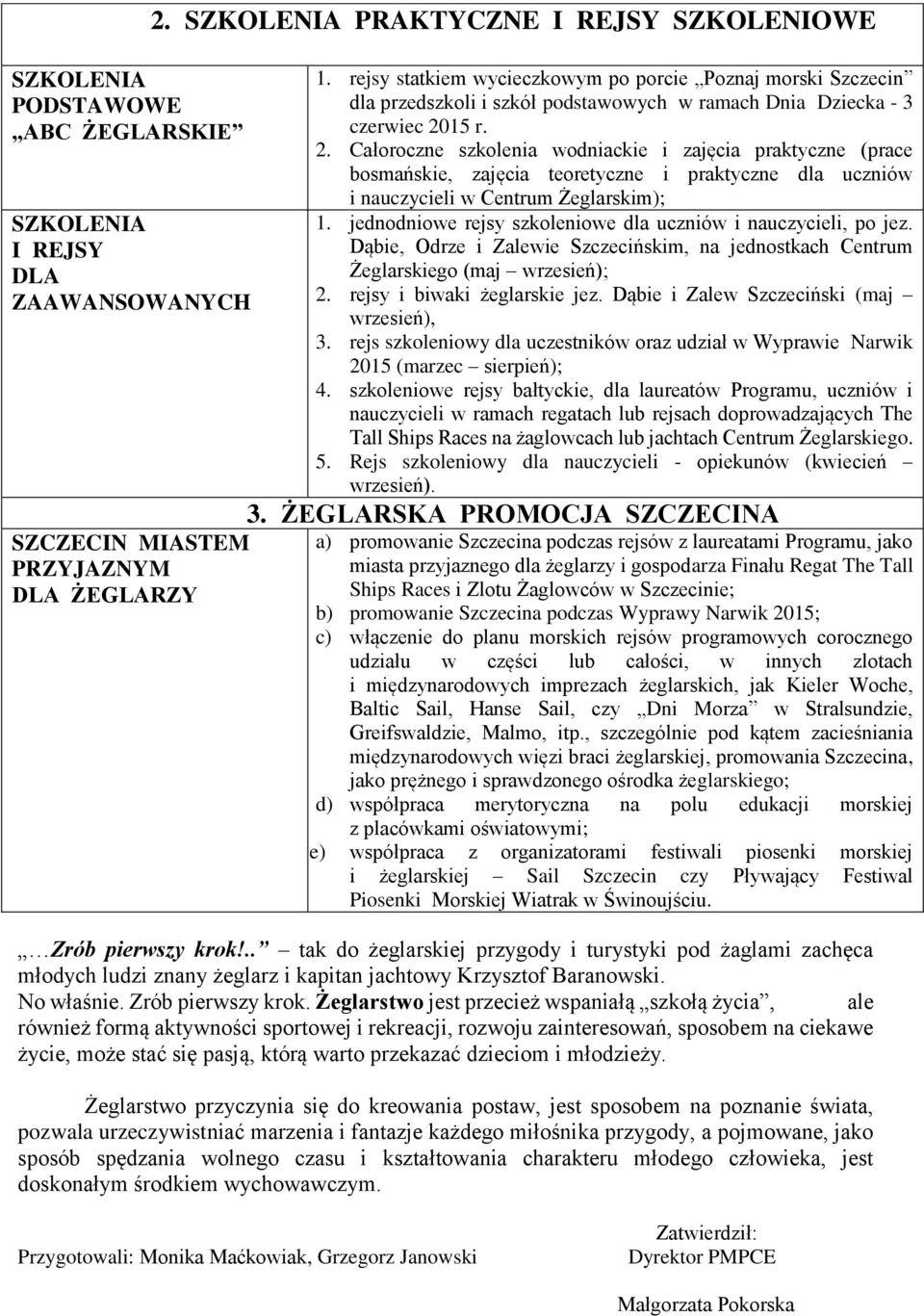 15 r. 2. Całoroczne szkolenia wodniackie i zajęcia praktyczne (prace bosmańskie, zajęcia teoretyczne i praktyczne dla uczniów i nauczycieli w Centrum Żeglarskim); 1.