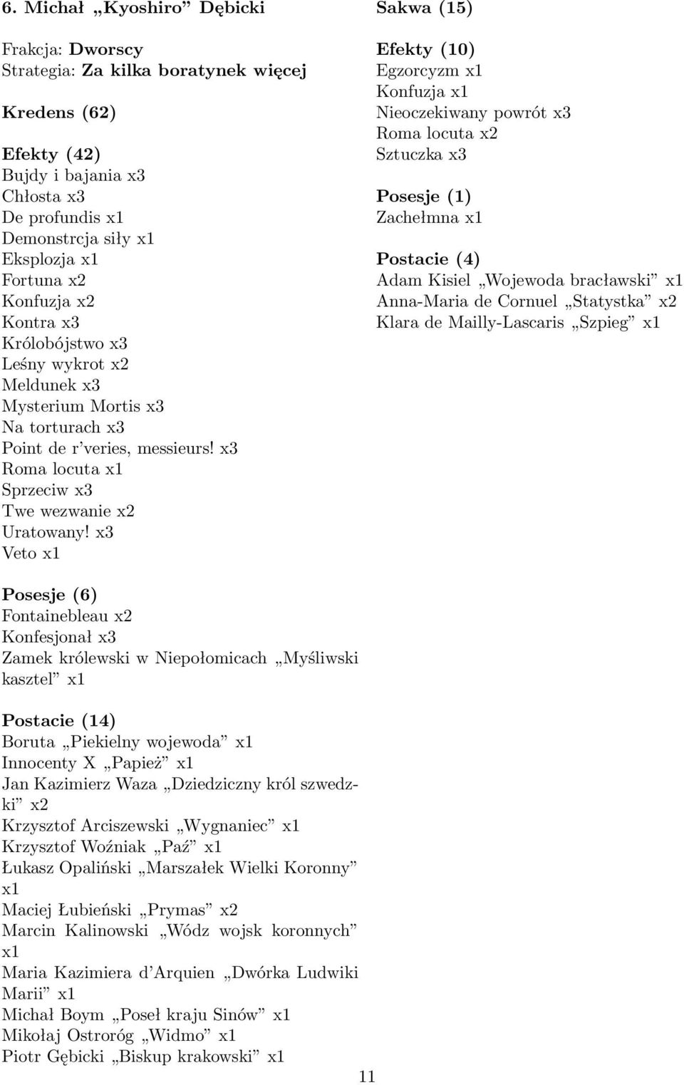 x3 Veto Efekty (10) Egzorcyzm Konfuzja Nieoczekiwany powrót x3 Roma locuta x2 Sztuczka x3 Posesje (1) Zachełmna Postacie (4) Adam Kisiel Wojewoda bracławski Anna-Maria de Cornuel Statystka x2 Klara