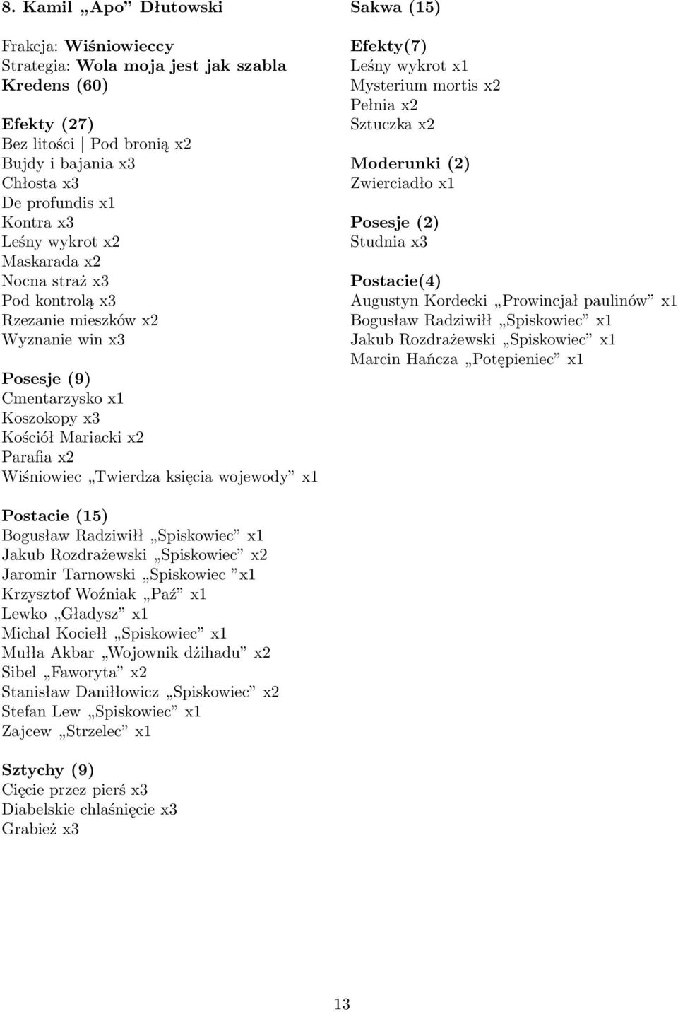 Leśny wykrot Mysterium mortis x2 Pełnia x2 Sztuczka x2 Moderunki (2) Zwierciadło Posesje (2) Studnia x3 Postacie(4) Augustyn Kordecki Prowincjał paulinów Bogusław Radziwiłł Spiskowiec Jakub