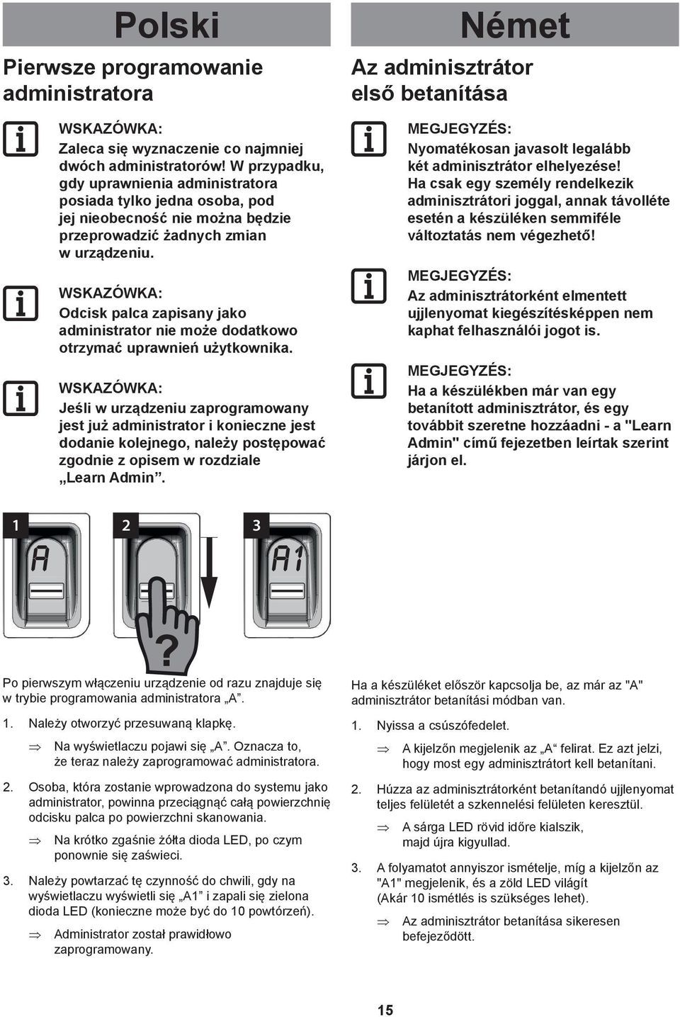 Odcisk palca zapisany jako administrator nie może dodatkowo otrzymać uprawnień użytkownika.