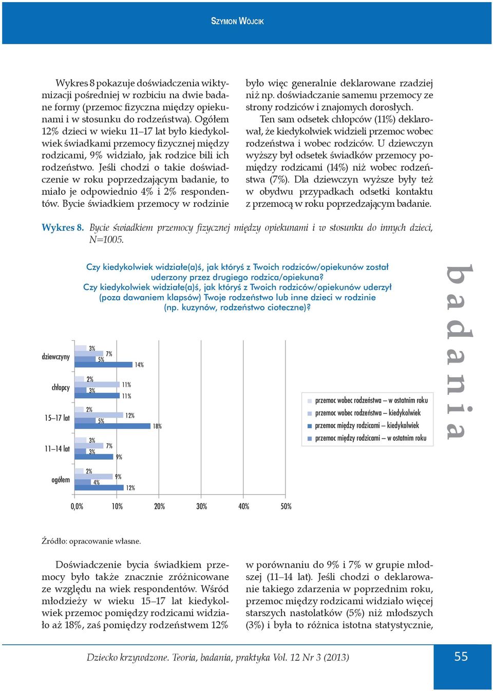 Jeśli chodzi o takie doświadczenie w roku poprzedzającym badanie, to miało je odpowiednio 4% i 2% respondentów. Bycie świadkiem przemocy w rodzinie było więc generalnie deklarowane rzadziej niż np.