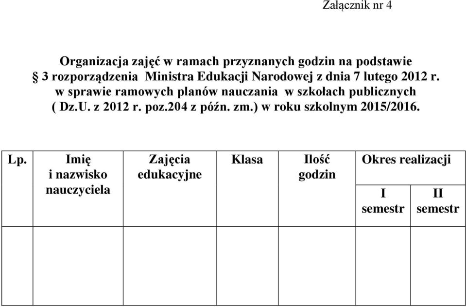 w sprawie ramowych planów nauczania w szkołach publicznych ( Dz.U. z 2012 r. poz.