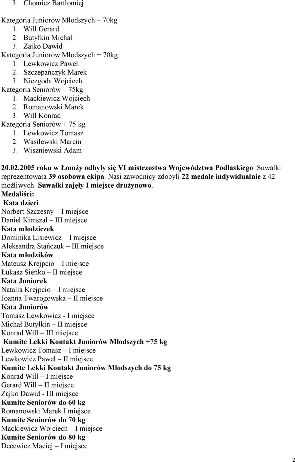 2005 roku w Łomży odbyły się VI mistrzostwa Województwa Podlaskiego. Suwałki reprezentowała 39 osobowa ekipa. Nasi zawodnicy zdobyli 22 medale indywidualnie z 42 możliwych.