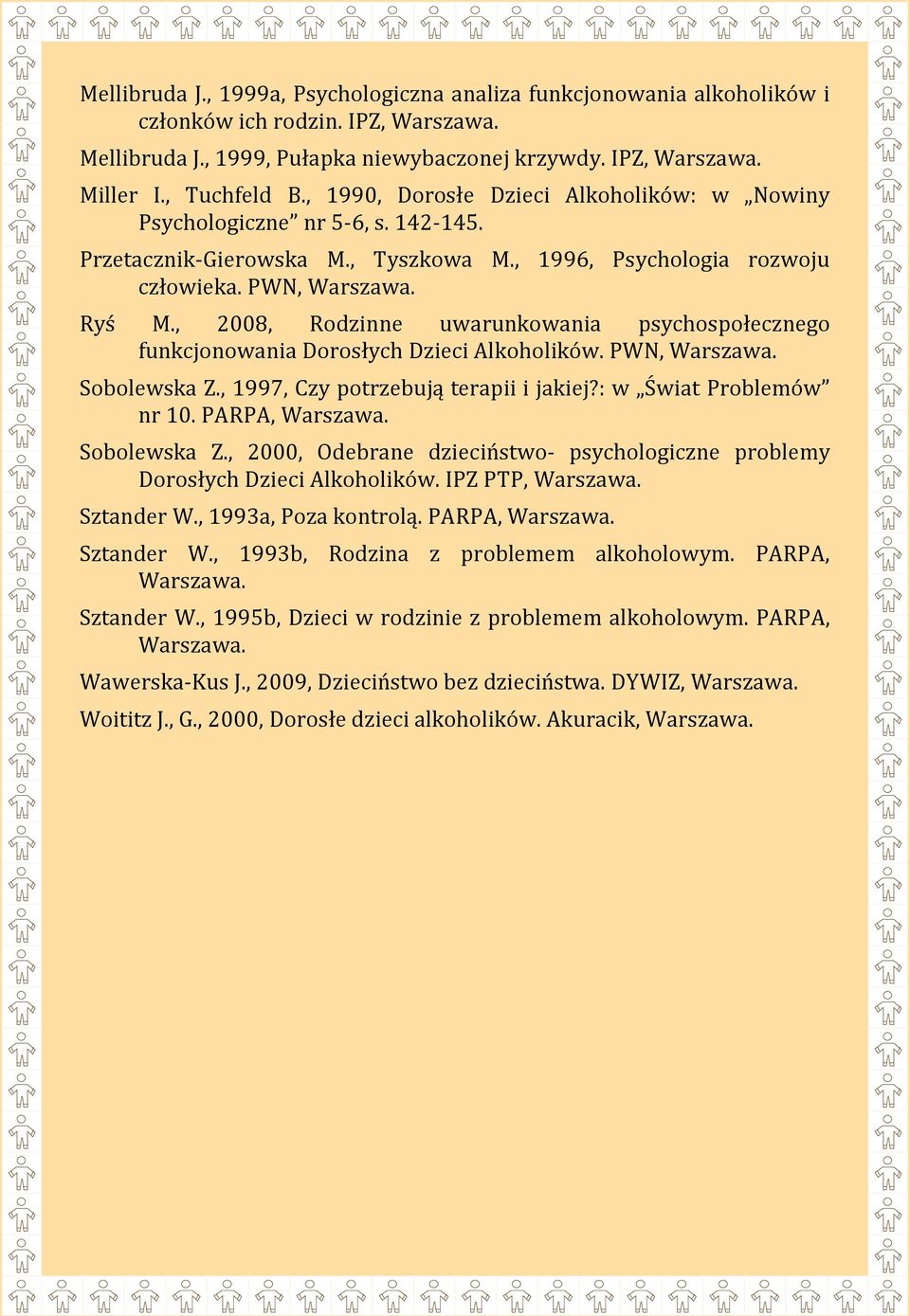 , 2008, Rodzinne uwarunkowania psychospołecznego funkcjonowania Dorosłych Dzieci Alkoholików. PWN, Warszawa. Sobolewska Z., 1997, Czy potrzebują terapii i jakiej?: w Świat Problemów nr 10.