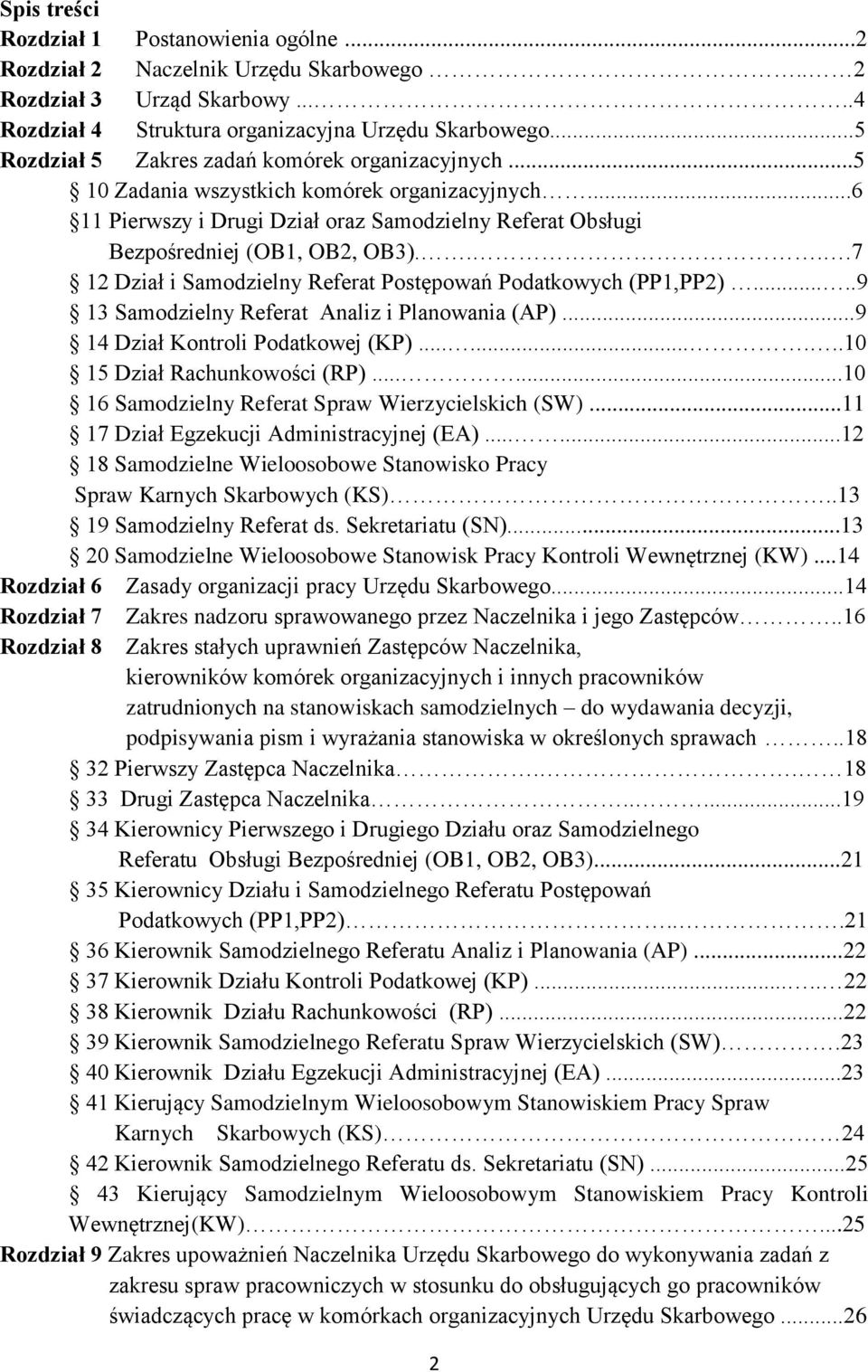 ...7 12 Dział i Samodzielny Referat Postępowań Podatkowych (PP1,PP2).....9 13 Samodzielny Referat Analiz i Planowania (AP)...9 14 Dział Kontroli Podatkowej (KP).........10 15 Dział Rachunkowości (RP).