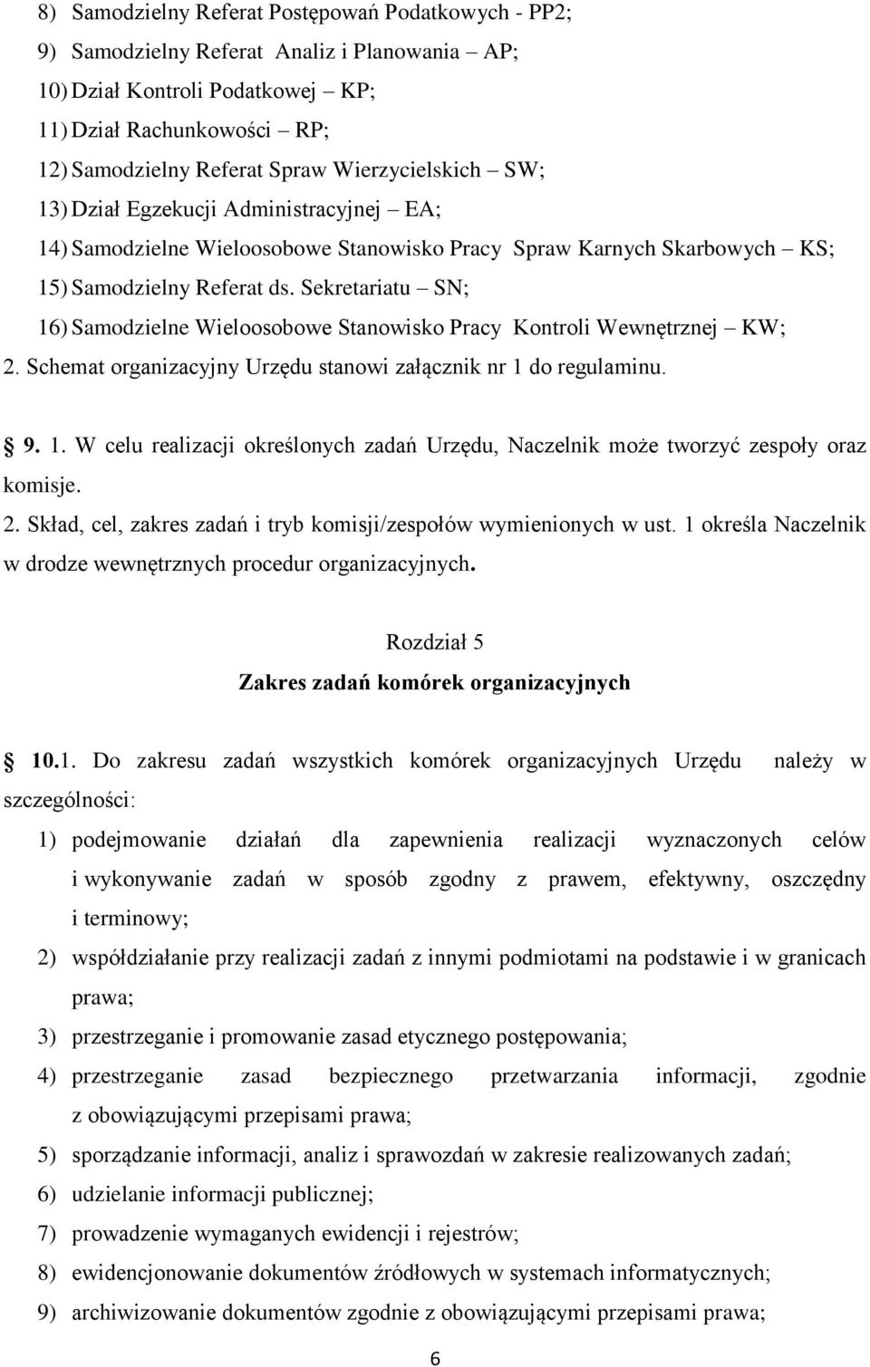 Sekretariatu SN; 16) Samodzielne Wieloosobowe Stanowisko Pracy Kontroli Wewnętrznej KW; 2. Schemat organizacyjny Urzędu stanowi załącznik nr 1 do regulaminu. 9. 1. W celu realizacji określonych zadań Urzędu, Naczelnik może tworzyć zespoły oraz komisje.