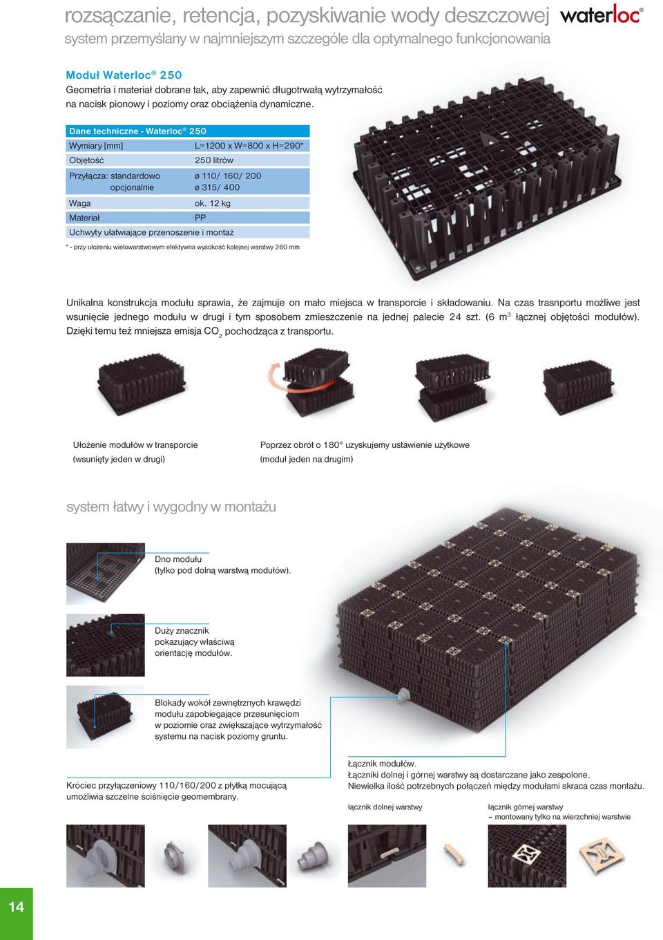 Dane techniczne - Waterloc 250 Wymiary [mm] Objętość Przyłącza: standardowo opcjonalnie Waga Materiał L=1200 x W=800 x H=290* 250 litrów ø 110/ 160/ 200 ø 315/ 400 ok.