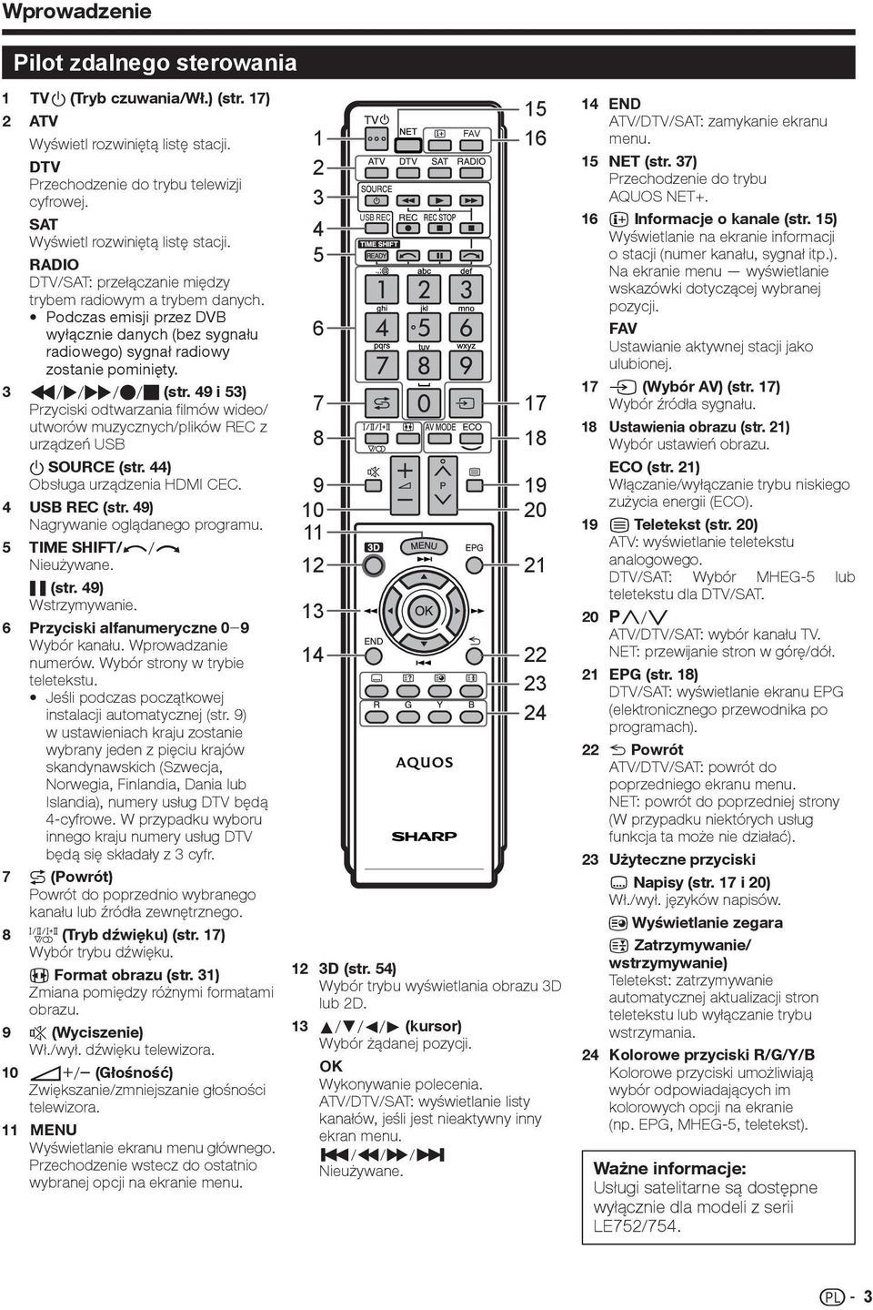 49 i 53) Przyciski odtwarzania filmów wideo/ utworów muzycznych/plików REC z urządzeń USB a SOURCE (str. 44) Obsługa urządzenia HDMI CEC. 4 USB REC (str. 49) Nagrywanie oglądanego programu.