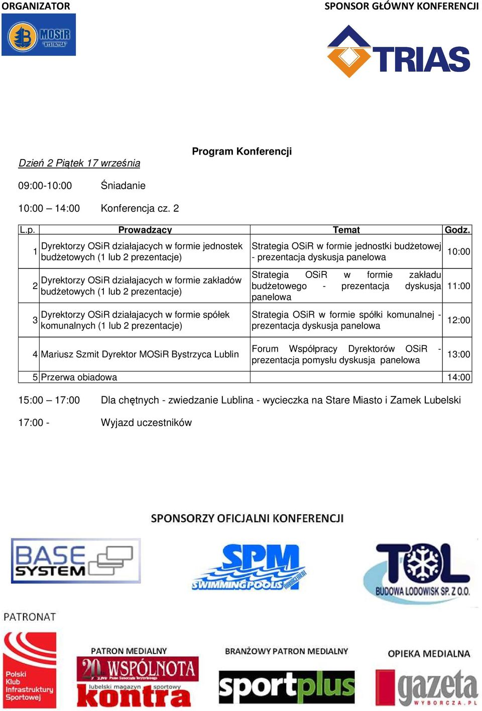 formie spółek komunalnych (1 lub 2 prezentacje) 4 Mariusz Szmit Dyrektor MOSiR Bystrzyca Lublin Strategia OSiR w formie jednostki budŝetowej - prezentacja dyskusja panelowa Strategia OSiR w formie