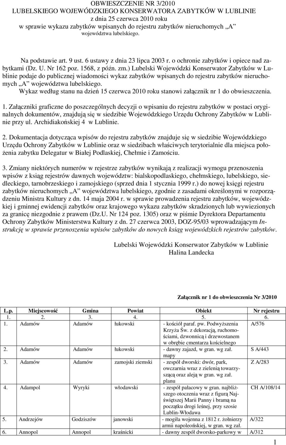 ) Lubelski Wojewódzki Konserwator Zabytków w Lublinie podaje do publicznej wiadomości wykaz zabytków wpisanych do rejestru zabytków nieruchomych A województwa lubelskiego.