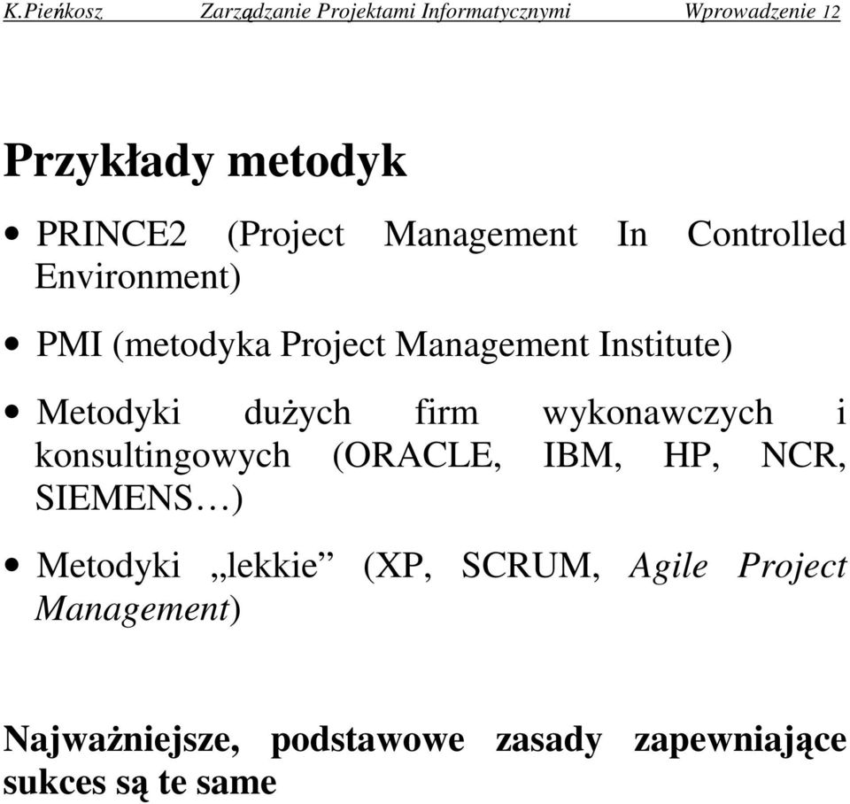 Metodyki du ych firm wykonawczych i konsultingowych (ORACLE, IBM, HP, NCR, SIEMENS ) Metodyki