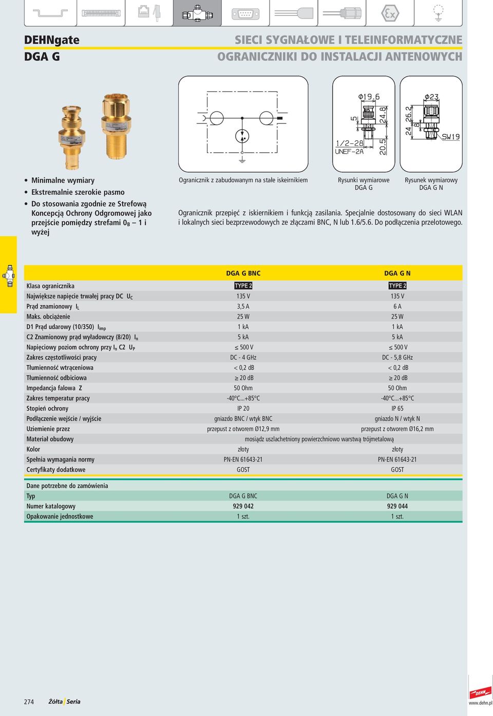 DGA G BNC DGA G N Klasa ogranicznika B B Największe napięcie trwałej pracy DC U C 135 V 135 V Prąd znamionowy I L 3,5 A 6 A Maks.