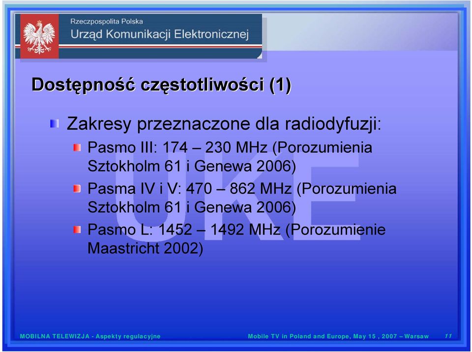 (Porozumienia Sztokholm 61 i Genewa 2006) Pasmo L: 1452 1492 MHz (Porozumienie Maastricht