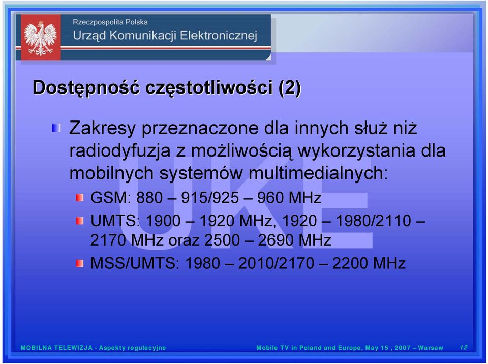 915/925 960 MHz UMTS: 1900 1920 MHz, 1920 1980/2110 2170 MHz oraz 2500 2690 MHz MSS/UMTS: 1980