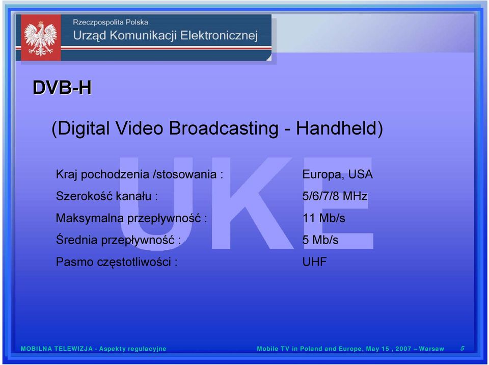 częstotliwości : Europa, USA 5/6/7/8 MHz 11 Mb/s 5 Mb/s UHF MOBILNA