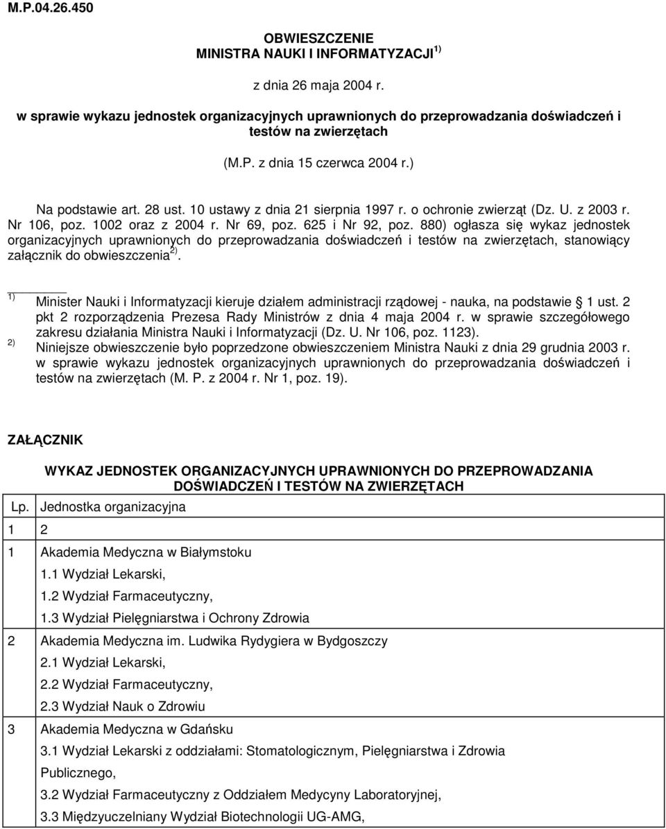 880) ogłasza si wykaz jednostek organizacyjnych uprawnionych do przeprowadzania dowiadcze i testów na zwierztach, stanowicy załcznik do obwieszczenia 2).