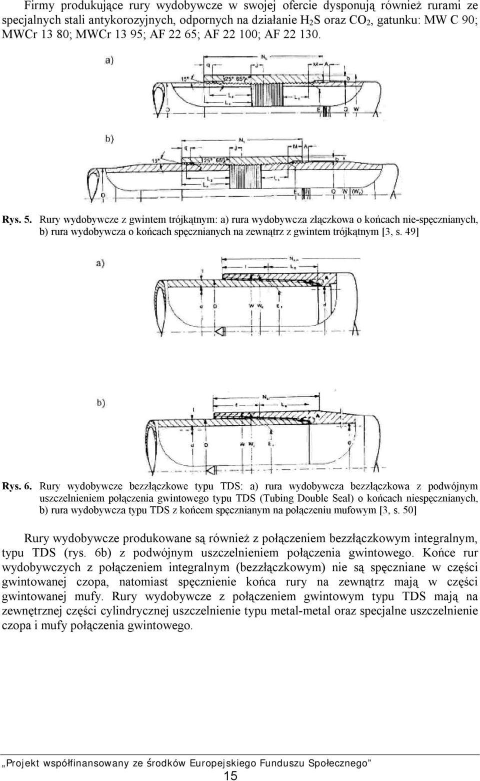 Rury wydobywcze z gwintem trójkątnym: a) rura wydobywcza złączkowa o końcach nie-spęcznianych, b) rura wydobywcza o końcach spęcznianych na zewnątrz z gwintem trójkątnym [3, s. 49] Rys. 6.