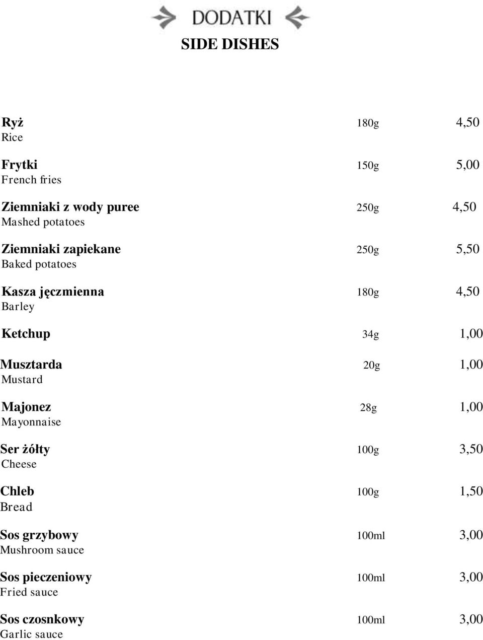 Musztarda 20g 1,00 Mustard Majonez 28g 1,00 Mayonnaise Ser żółty 100g 3,50 Cheese Chleb 100g 1,50 Bread