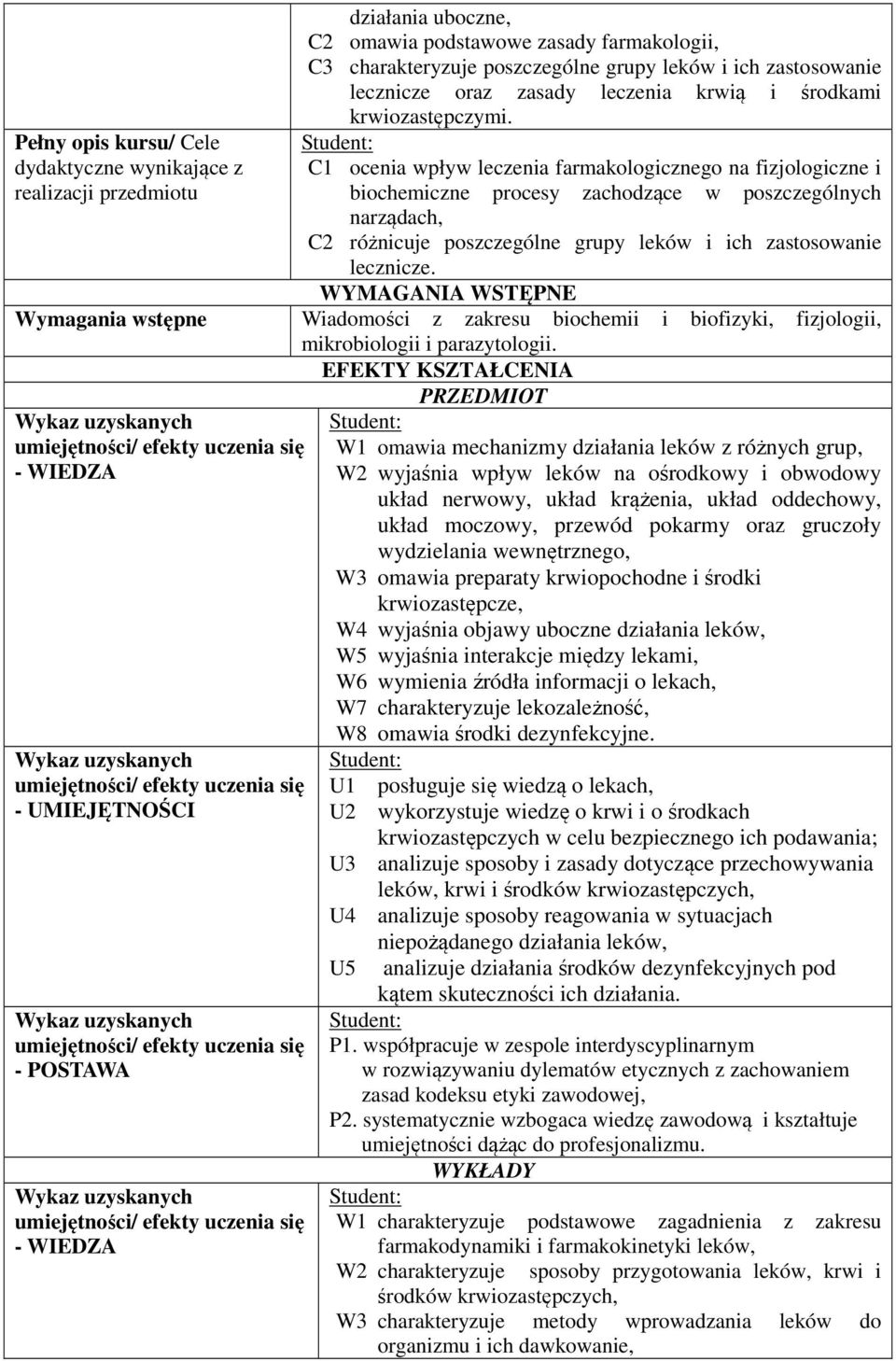 C1 ocenia wpływ leczenia farmakologicznego na fizjologiczne i biochemiczne procesy zachodzące w poszczególnych narządach, C różnicuje poszczególne grupy leków i ich zastosowanie lecznicze.