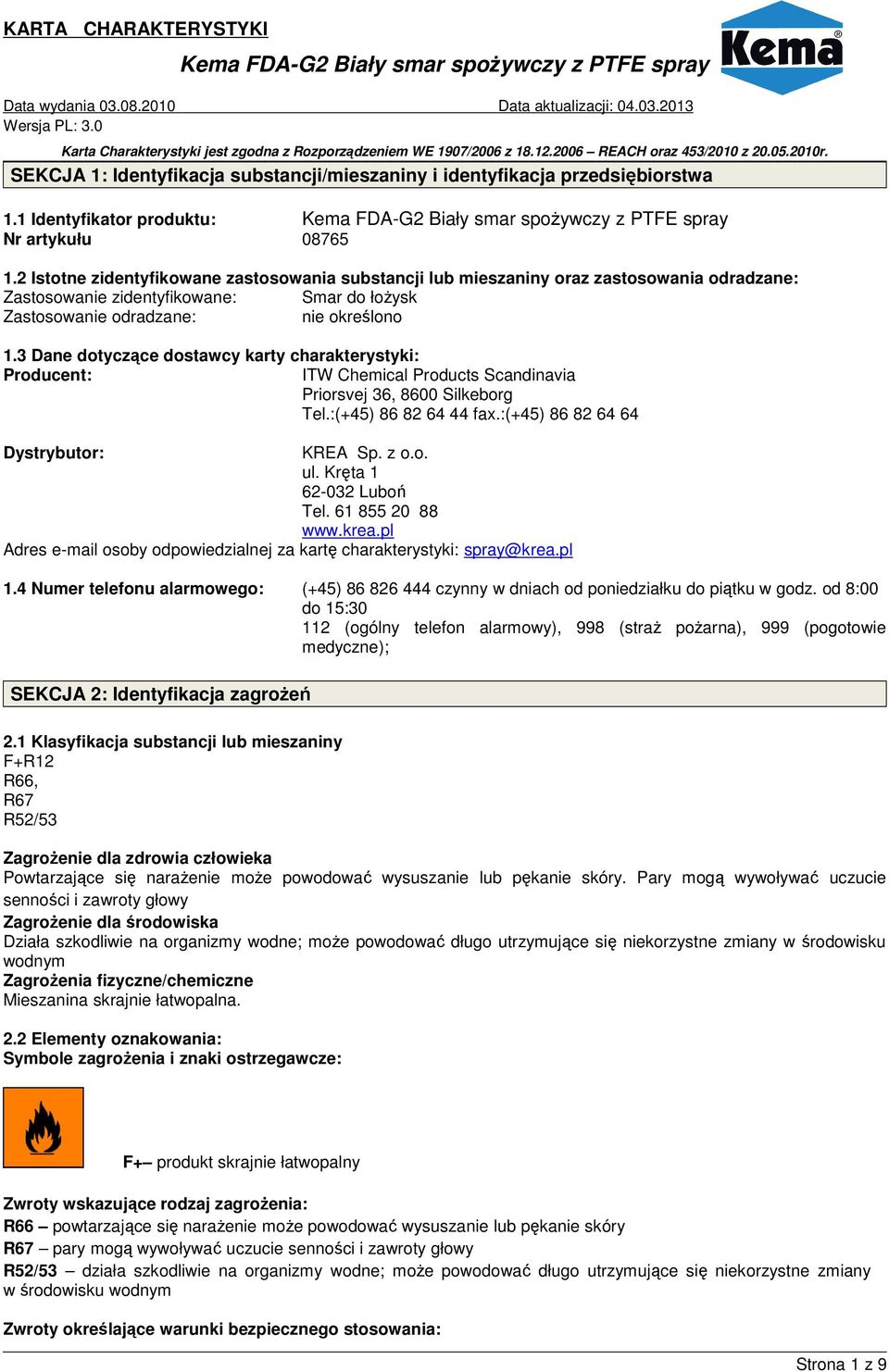 3 Dane dotyczące dostawcy karty charakterystyki: Producent: ITW Chemical Products Scandinavia Priorsvej 36, 8600 Silkeborg Tel.:(+45) 86 82 64 44 fax.:(+45) 86 82 64 64 Dystrybutor: KREA Sp. z o.o. ul.