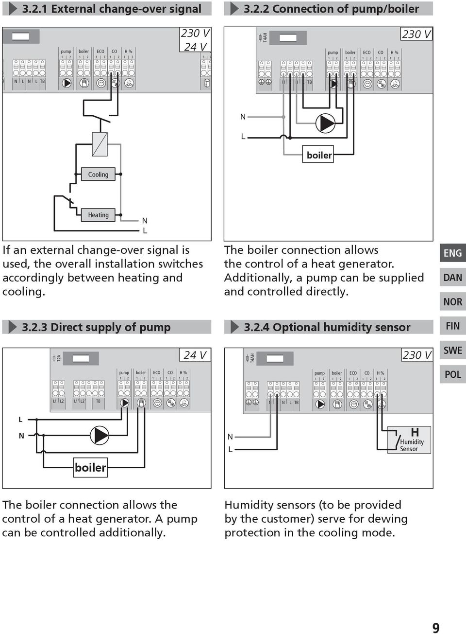 The boiler connection allows the control of a heat generator. Additionally, a pump can be supplied and controlled directly. EG DA OR 3.2.