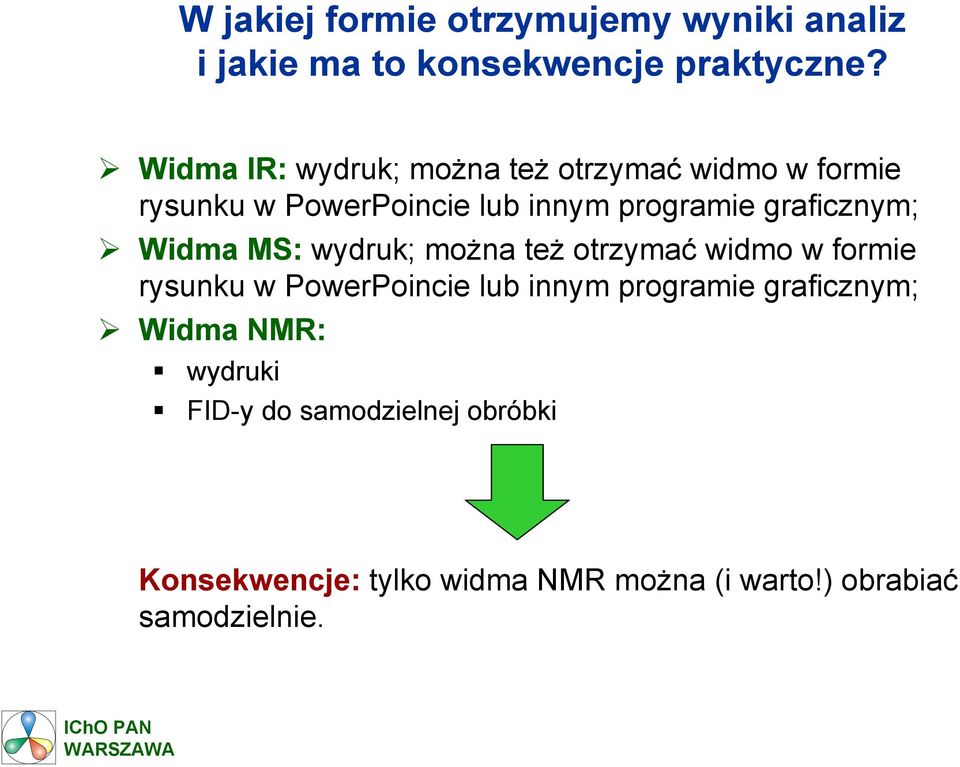 graficznym; Widma MS: wydruk; można też otrzymać widmo w formie rysunku w PowerPoincie lub innym